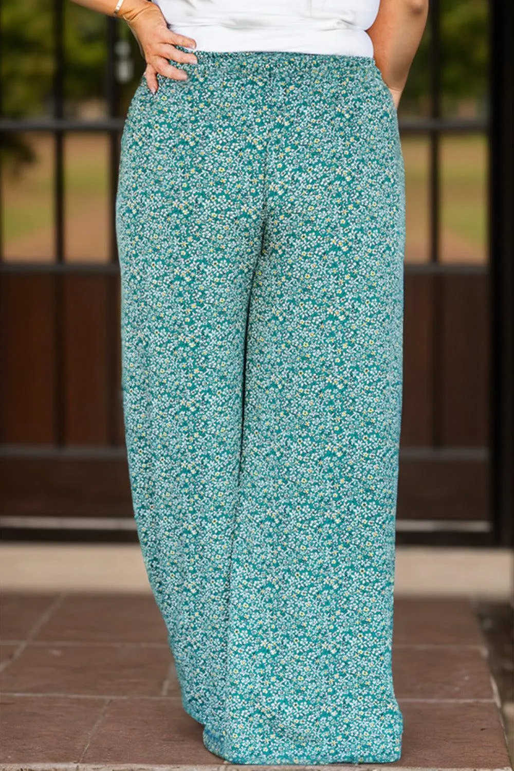 Teal Green Floral Plus Size Wide Leg Pants