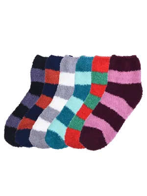Two-Tone Multicolor Striped 6 Pack Winter Fuzzy Womens Slipper Socks