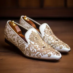 White Velvet Embroidery Work Peshawari Loafers | Wedding Shoes for Groom | Shoes for Haldi Mehendi Sangeet