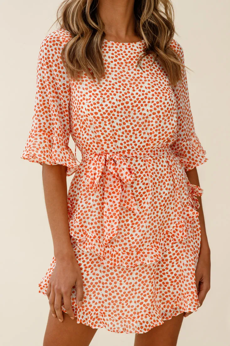 Wife Me Crew Neck Ruffle Insert Dress Polka Dot Orange