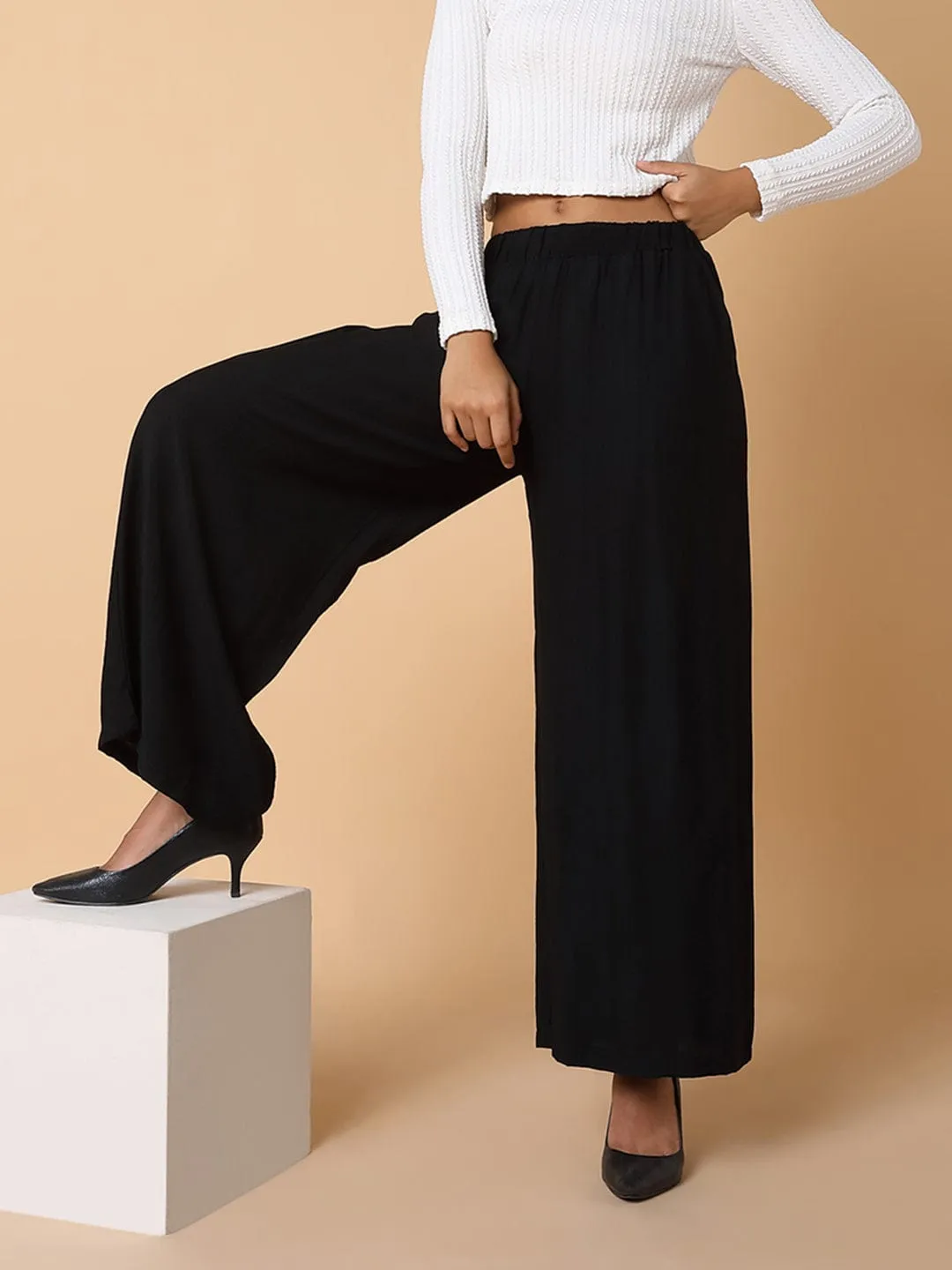 Women Black Comfort Loose Fit Parallel Trousers