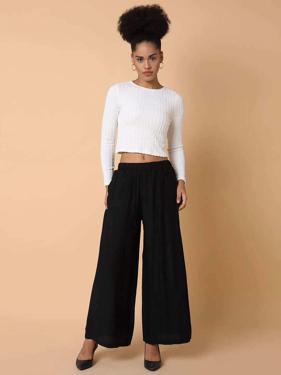 Women Black Comfort Loose Fit Parallel Trousers