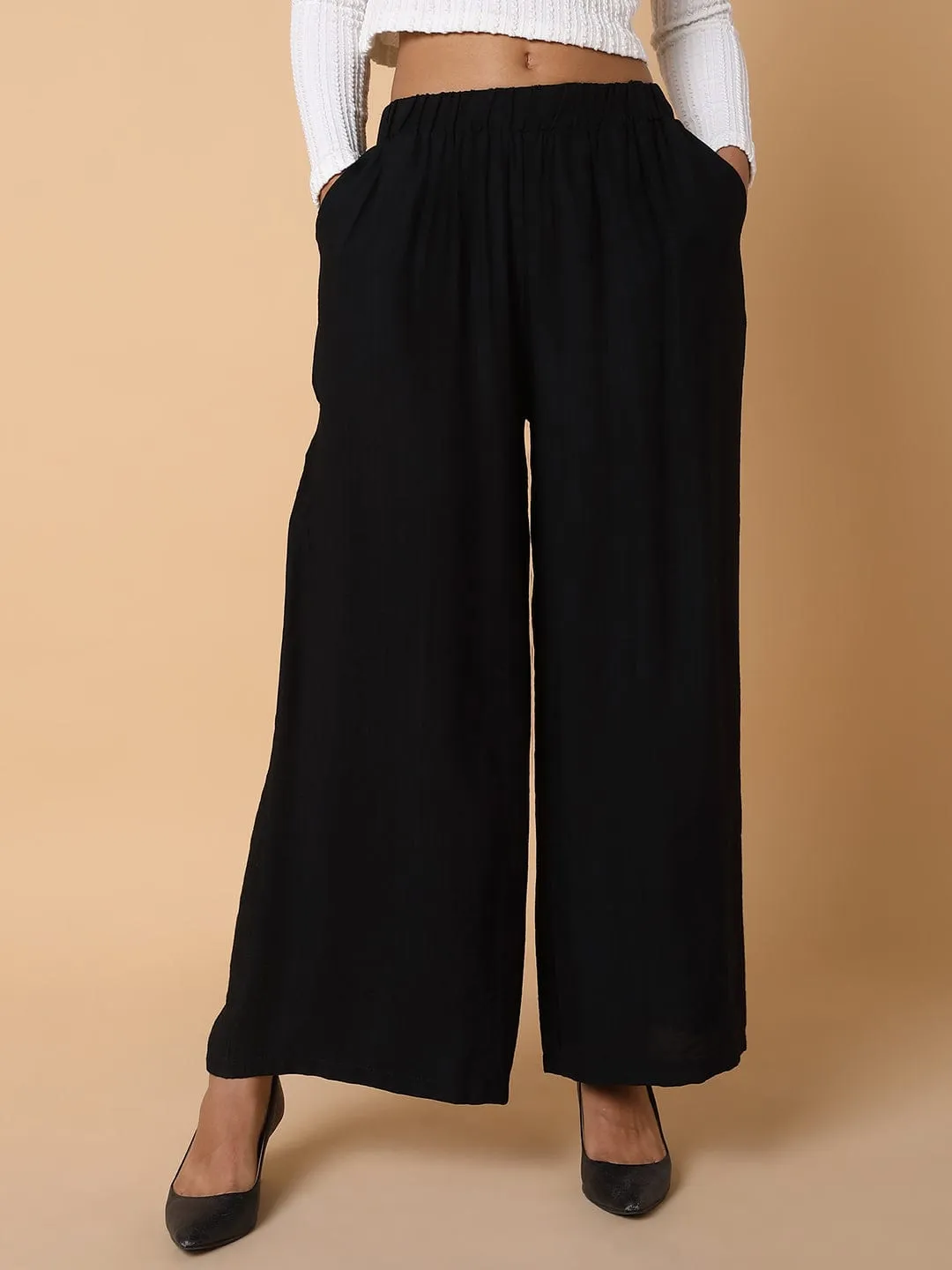 Women Black Comfort Loose Fit Parallel Trousers