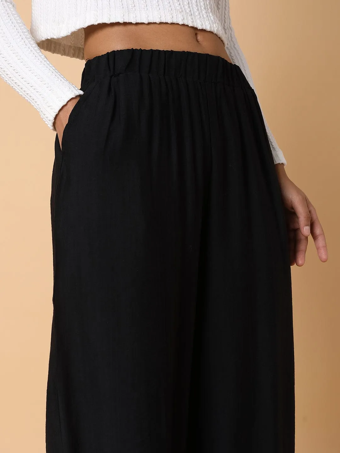 Women Black Comfort Loose Fit Parallel Trousers