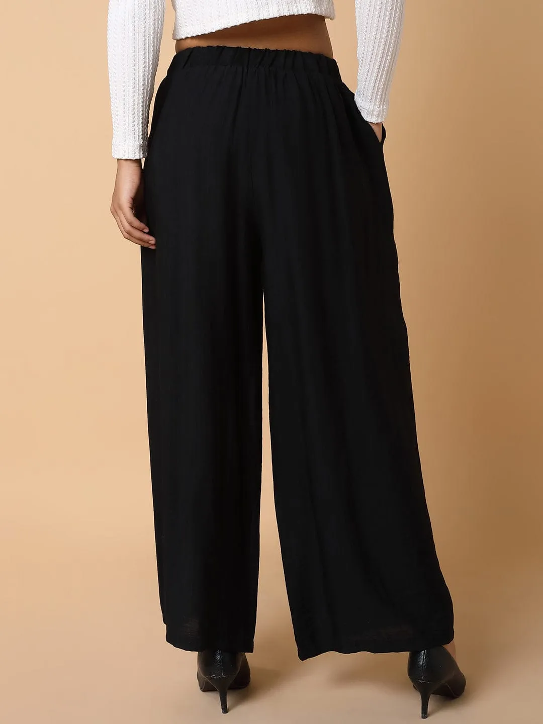 Women Black Comfort Loose Fit Parallel Trousers