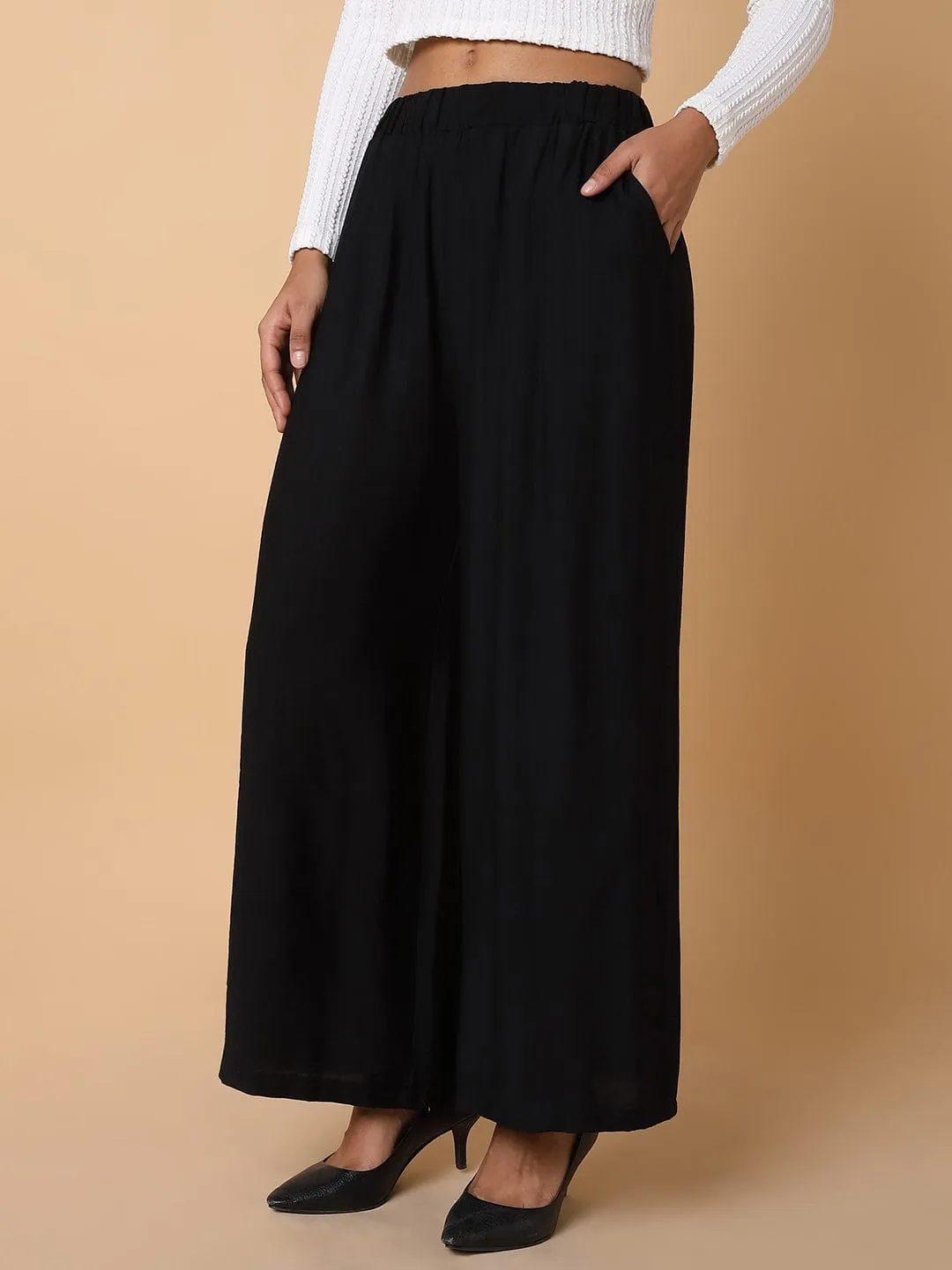 Women Black Comfort Loose Fit Parallel Trousers