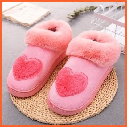 Women Cotton Soft Heart-Shaped Warm Plush Winter Fur Slippers