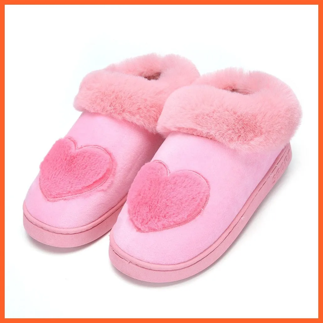 Women Cotton Soft Heart-Shaped Warm Plush Winter Fur Slippers