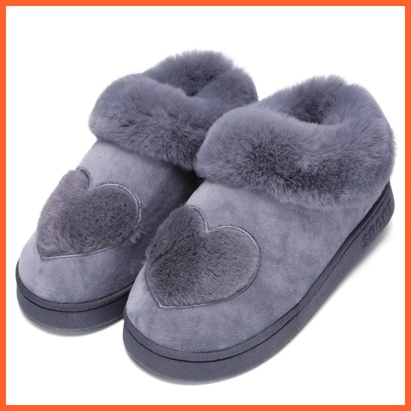 Women Cotton Soft Heart-Shaped Warm Plush Winter Fur Slippers
