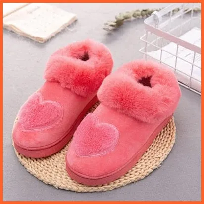 Women Cotton Soft Heart-Shaped Warm Plush Winter Fur Slippers