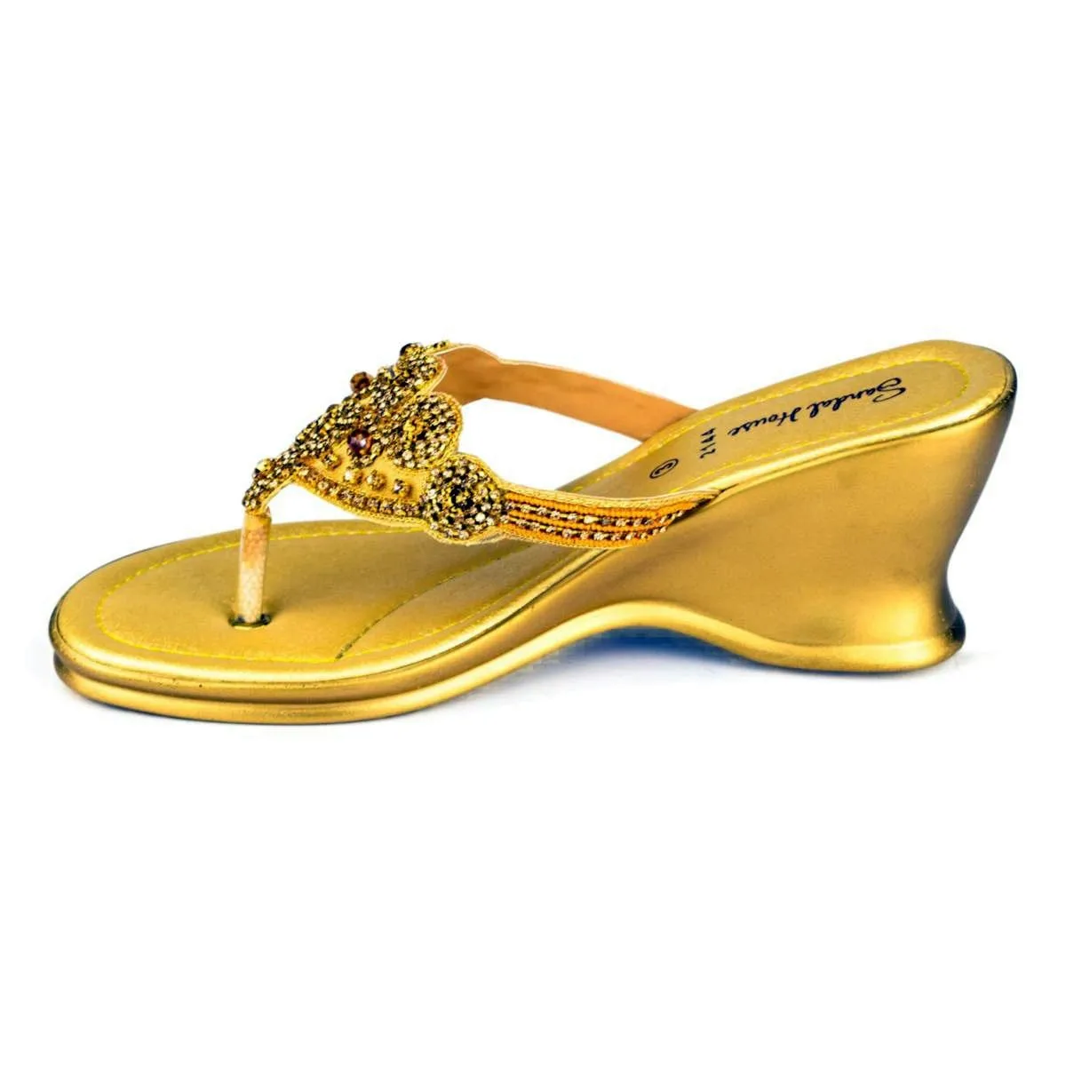 Womens Gold Diamante Toe Post Wedge Sandal