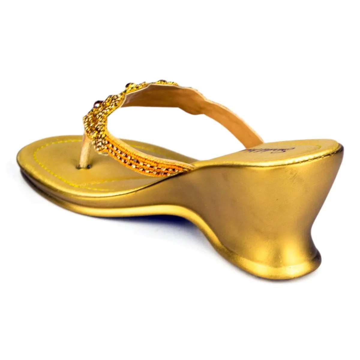 Womens Gold Diamante Toe Post Wedge Sandal