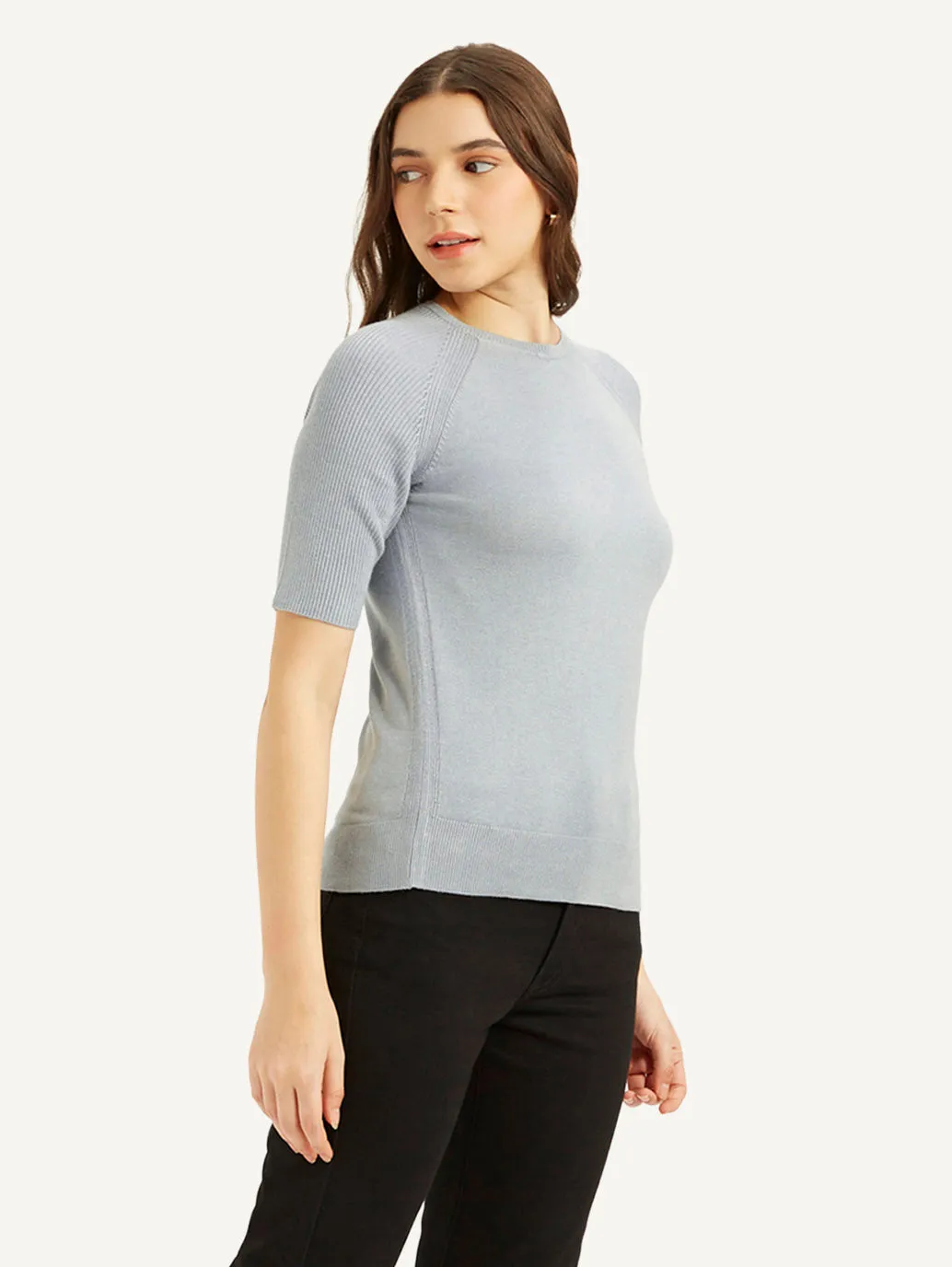 Women's Solid Greyish-Blue Crew Neck Top