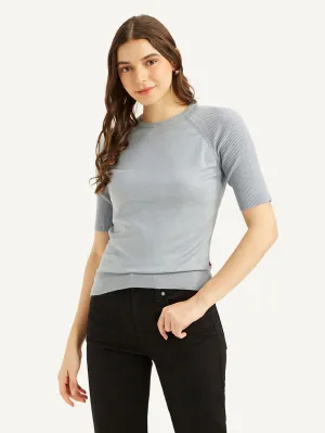 Women's Solid Greyish-Blue Crew Neck Top