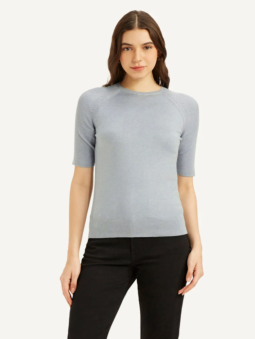 Women's Solid Greyish-Blue Crew Neck Top