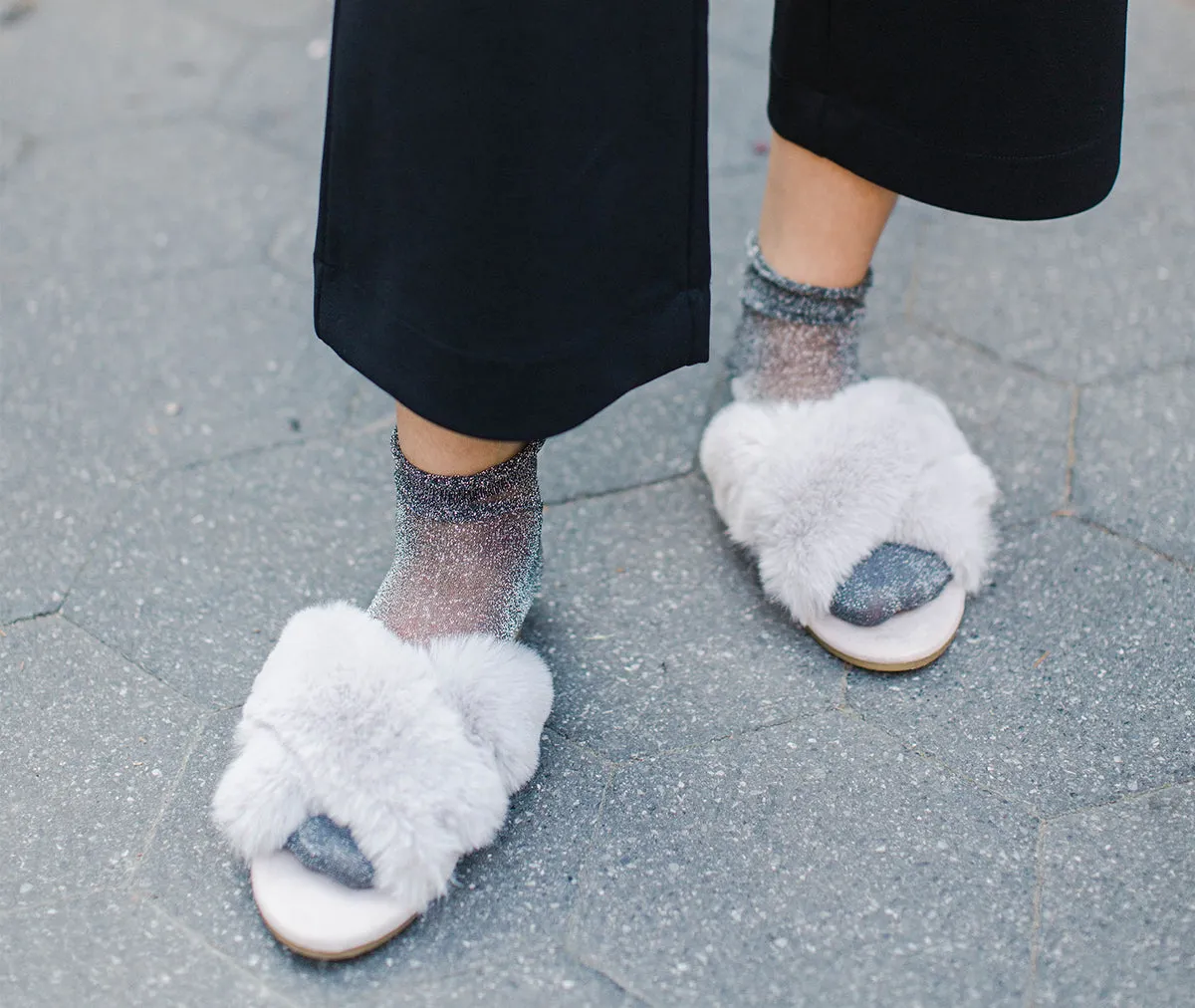 Women's The Adela Mule Hard Criss-Cross Faux Fur Sole Slippers